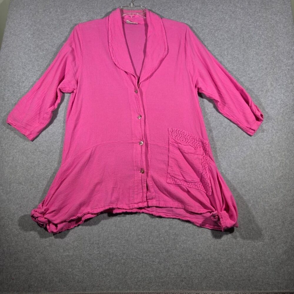 Cottonways Pink Cotton Gauze Button Front Lagenlook Tunic Top Womens Size 2 L/XL